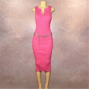 Freshman 1996 Pink Ribbed Midi Dress | Sleeveless Bodycon Knit Dress | Women’s S